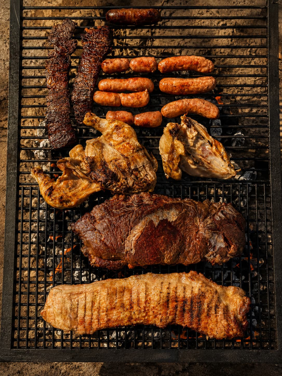 Meat and corn cooking on the asado grill
